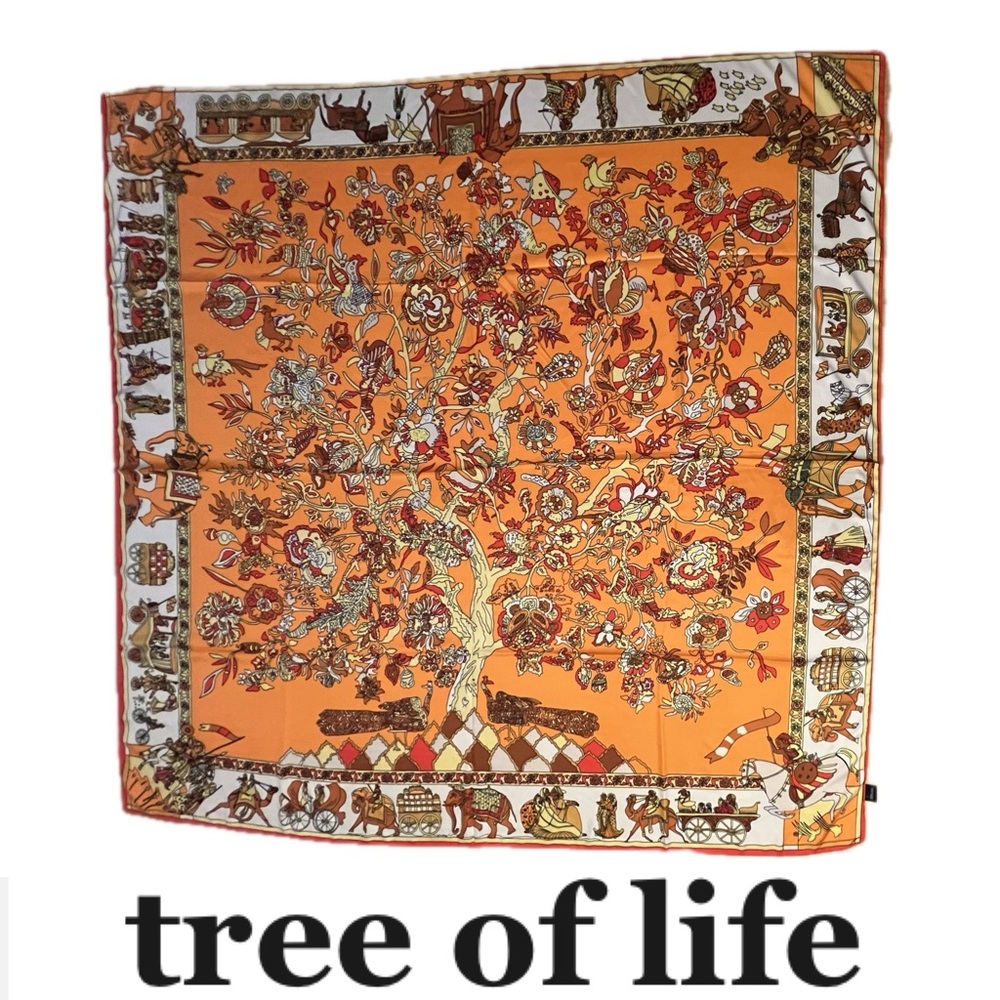🌳Silk Tree of Life Square Scarf | L'Arbre De Vie | Orange | Oversized—51” x 52”